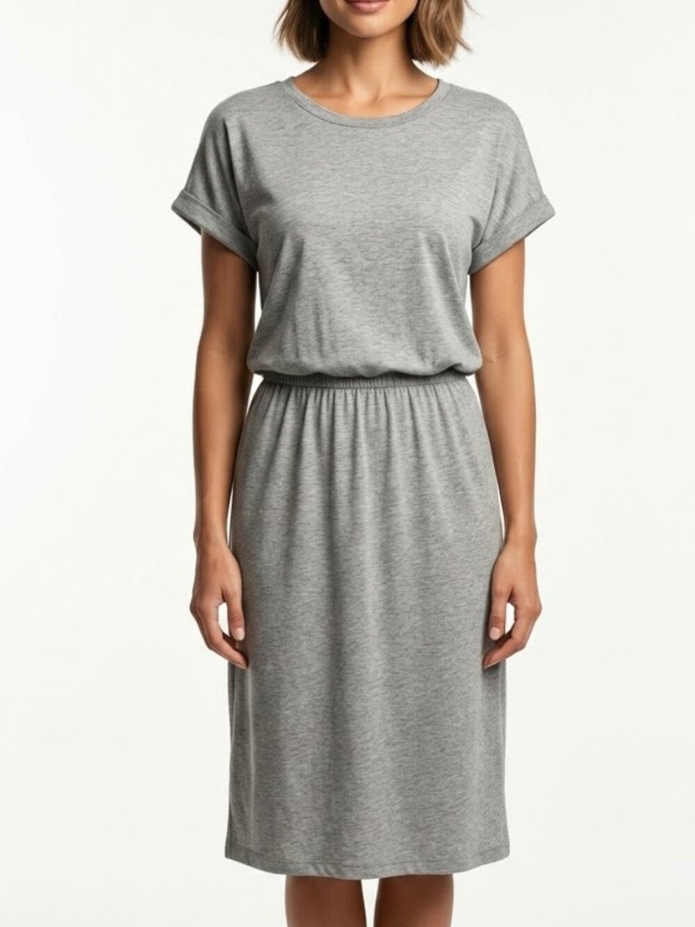 Banana Republic Minimalist Gray Midi Dress Short Sleeve Side Slit Petite Medium